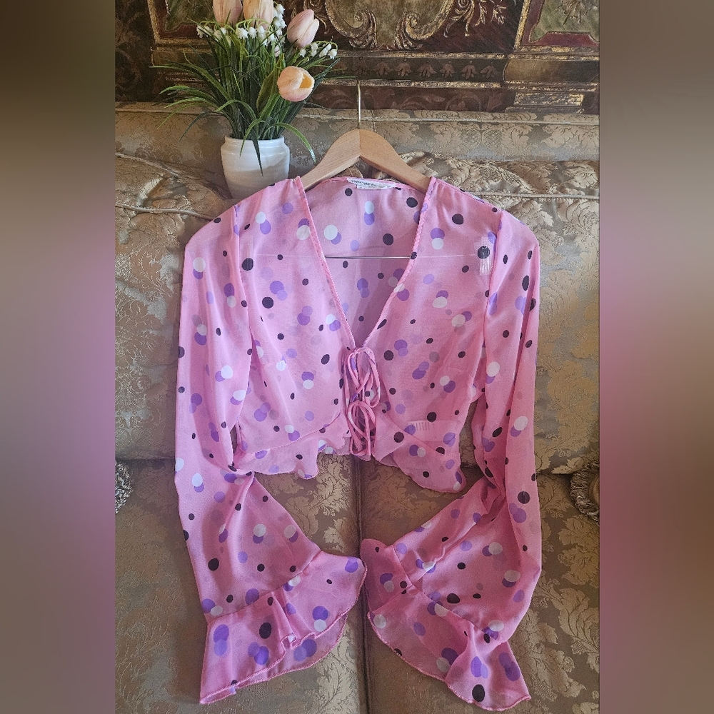 NWOT Urban Renewal UO Womens Polka Dot Tie Front Cropped Sheer Bell Sleeve
